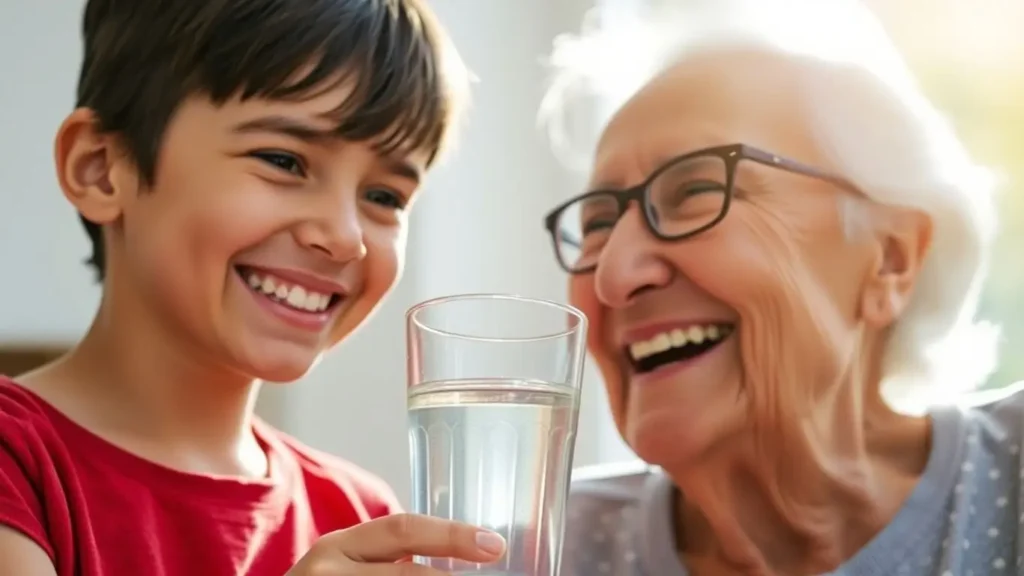 Criança e idosa seguindo os benefícios da água juntos sorrindo.